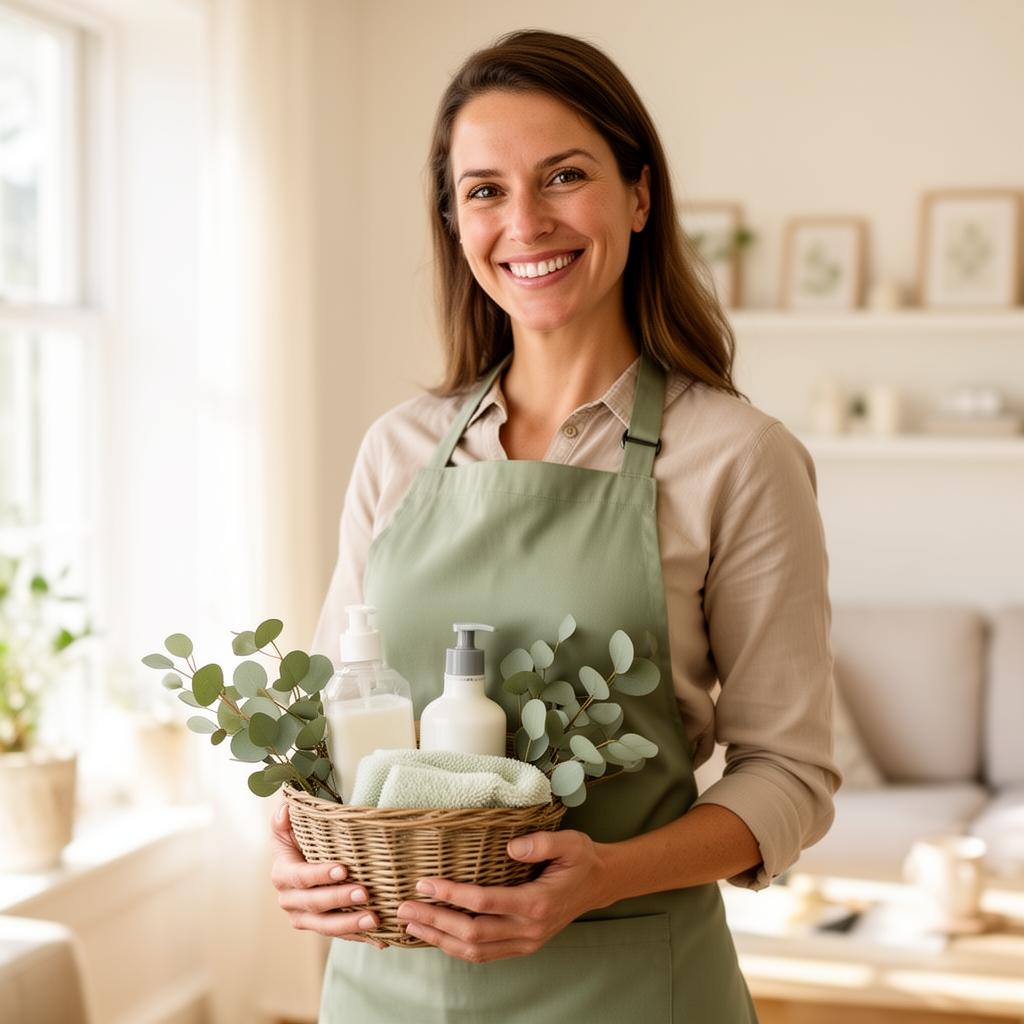 A friendly Maid in Media team member with a basket of eco-friendly cleaning supplies