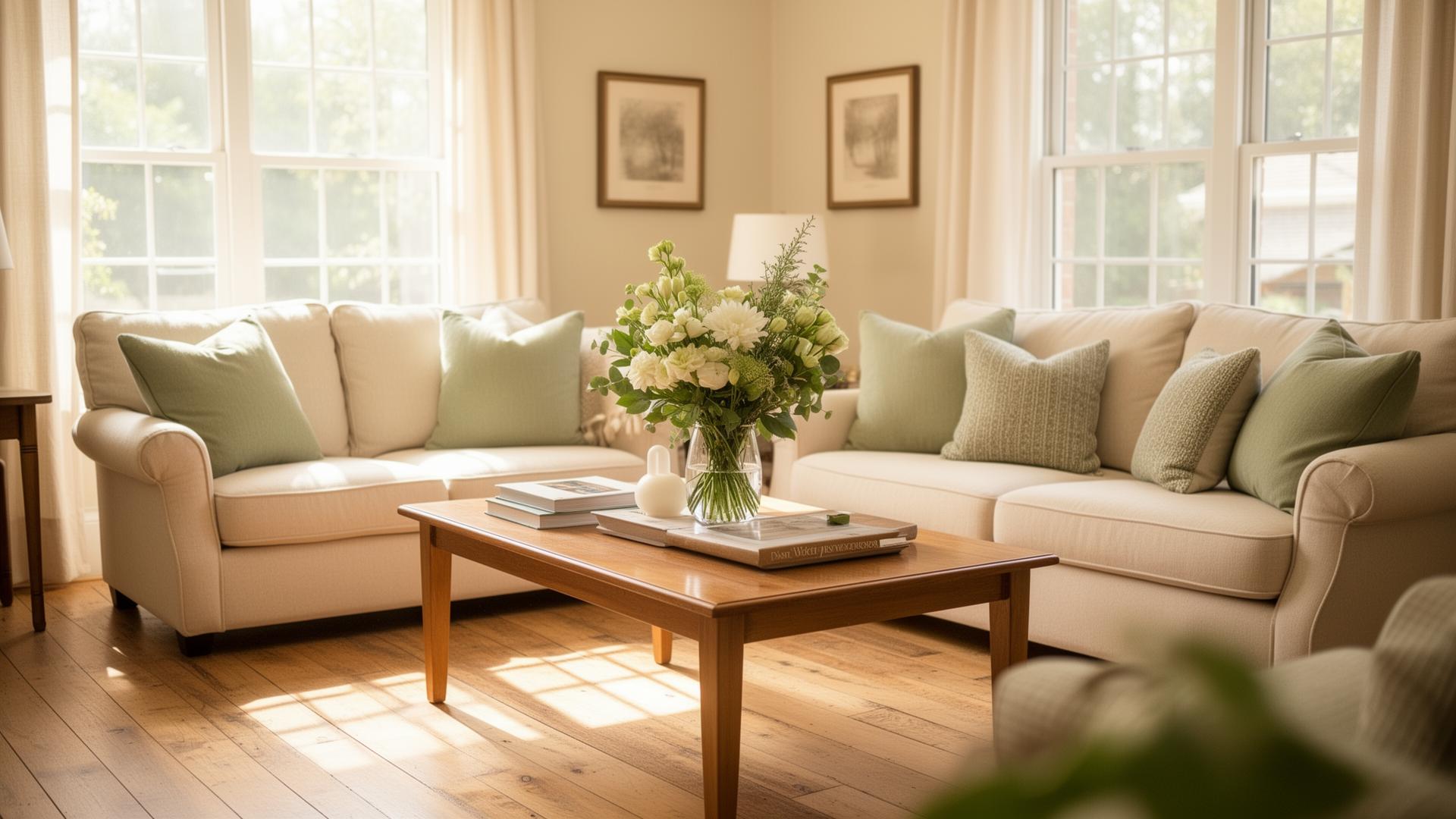Bright clean living room with sage cushions and fresh flowers